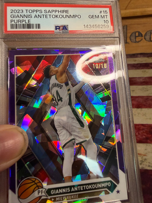 2023-24 Topps Chrome Sapphire Giannis Antetokounmpo PURPLE /10 BOOKEND PSA 10 Bucks