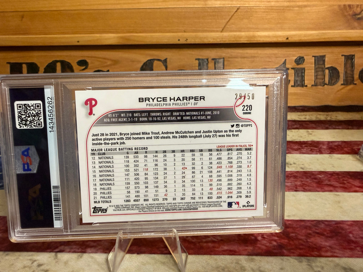 2022 Topps Chrome Sonic Bryce Harper GOLD RAYWAVE Refractor /50 #220 PSA 9 MINT