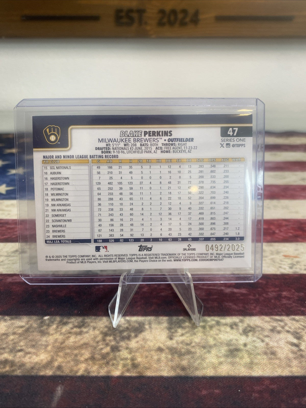 2025 TOPPS SERIES 1 BLAKE PERKINS GOLD Border # /2025 #47 Brewers