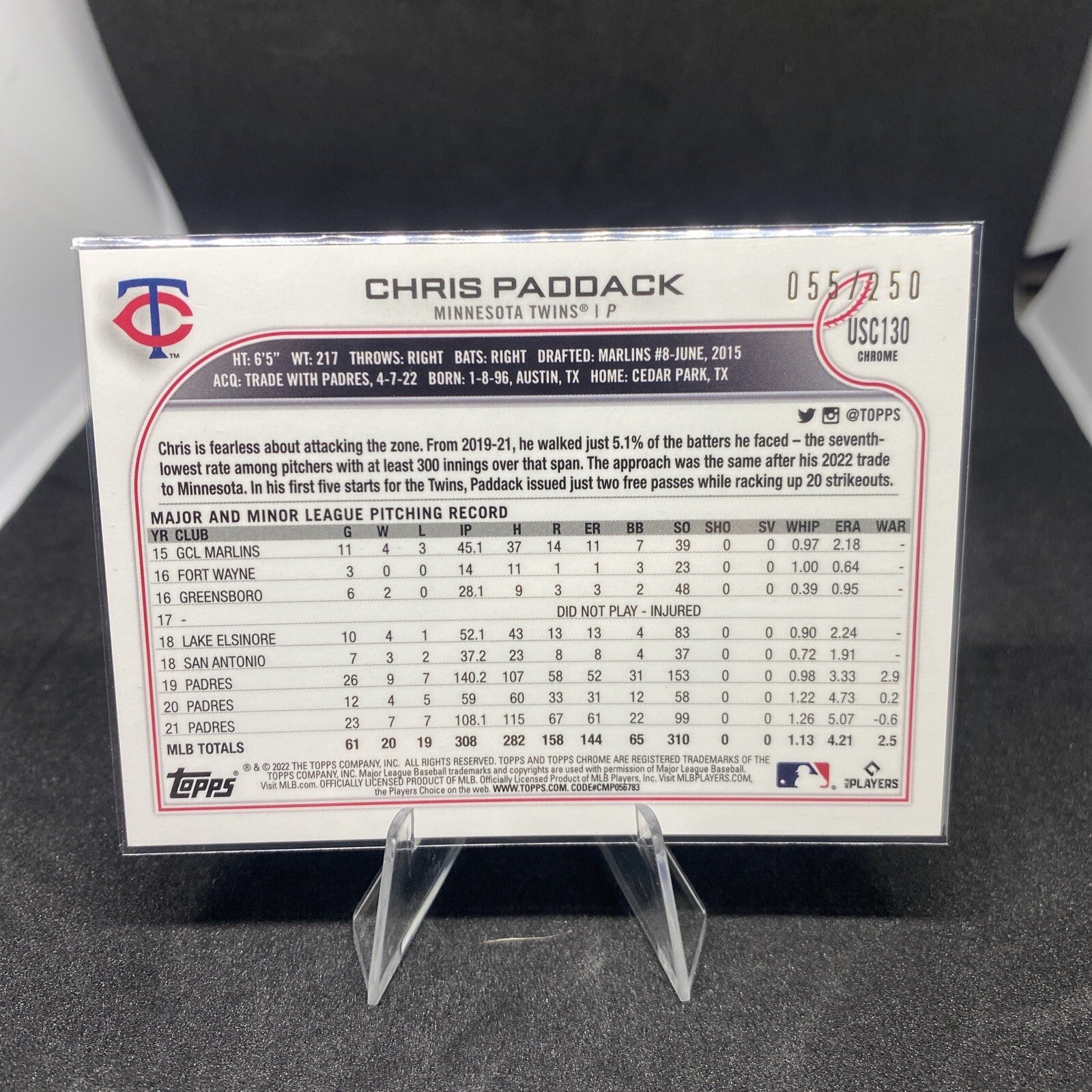 2022 Topps Chrome Update Chris Paddack  Aqua Refractor #'d /250 USC130 Twins
