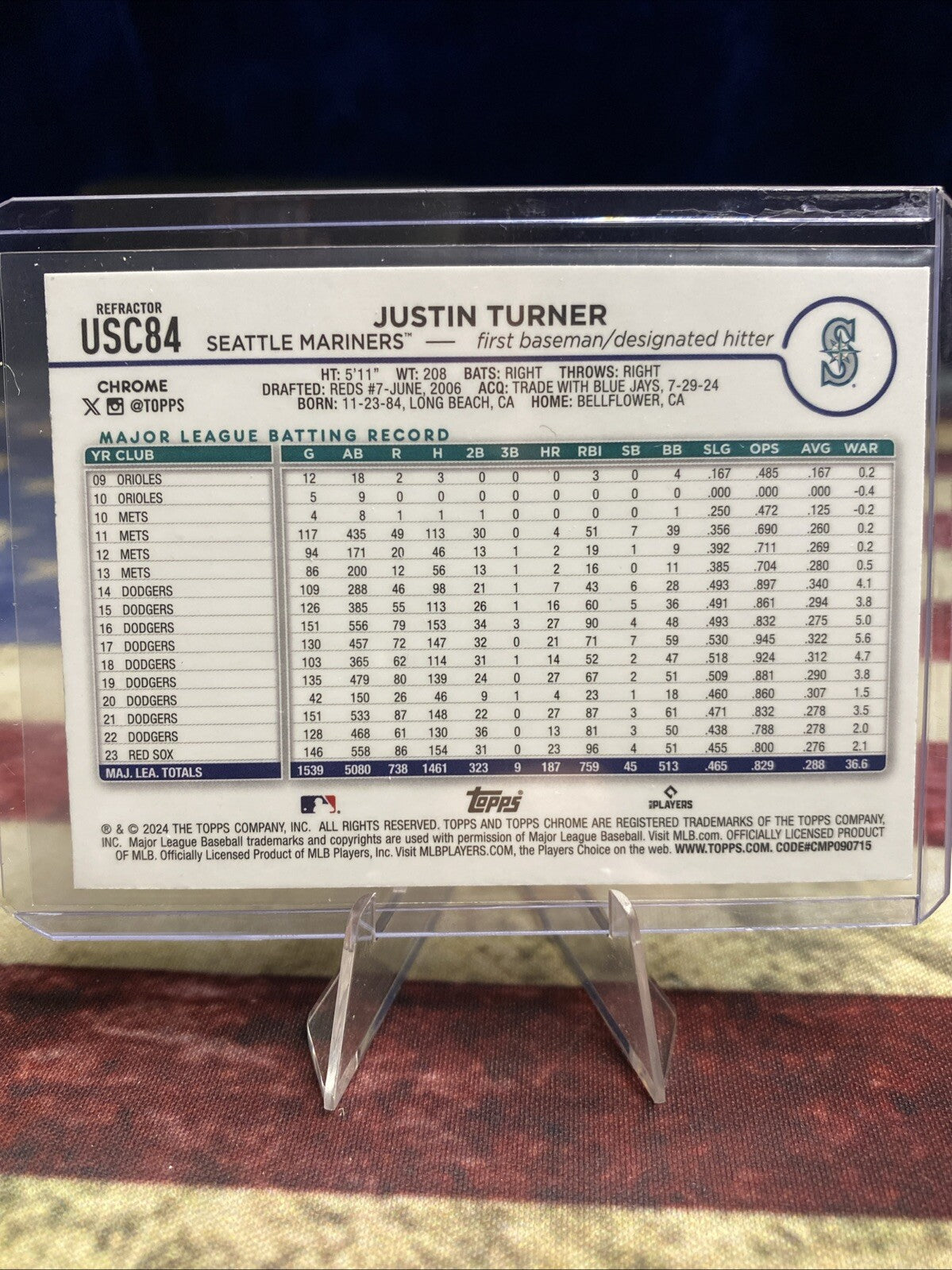 JUSTIN TURNER 2024 TOPPS CHROME UPDATE REFRACTORS SEATTLE MARINERS #USC84