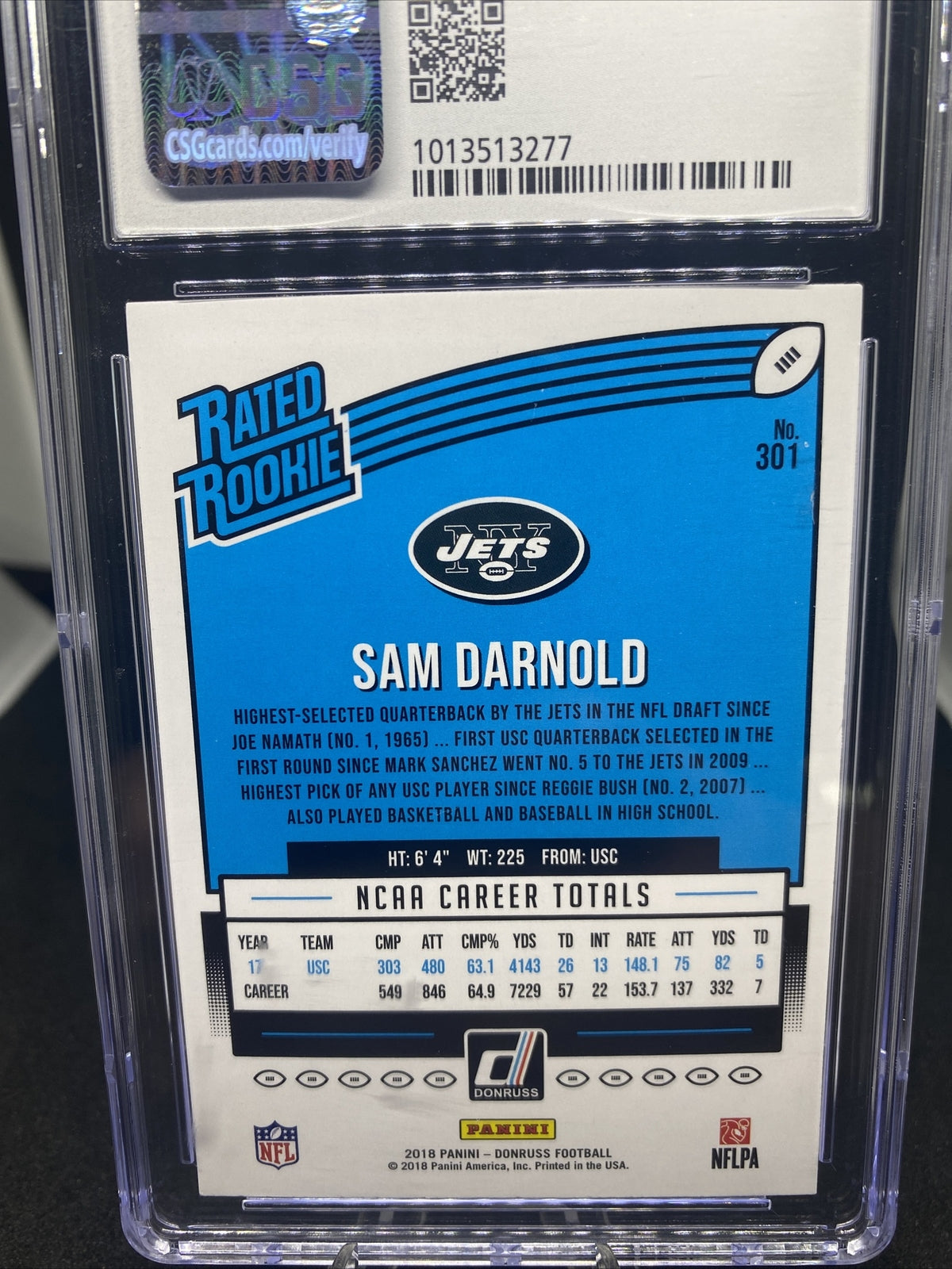 2018 Donruss Sam Darnold Rated Rookie #301 - CSG Mint 9- New York Jets RC 🔥🔥