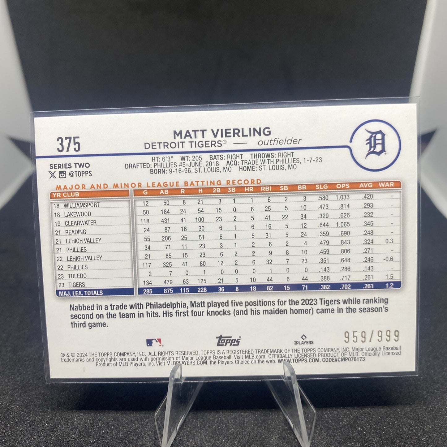 2024 Topps Blue Foil #375 Matt Vierling /999 - Detroit Tigers SP