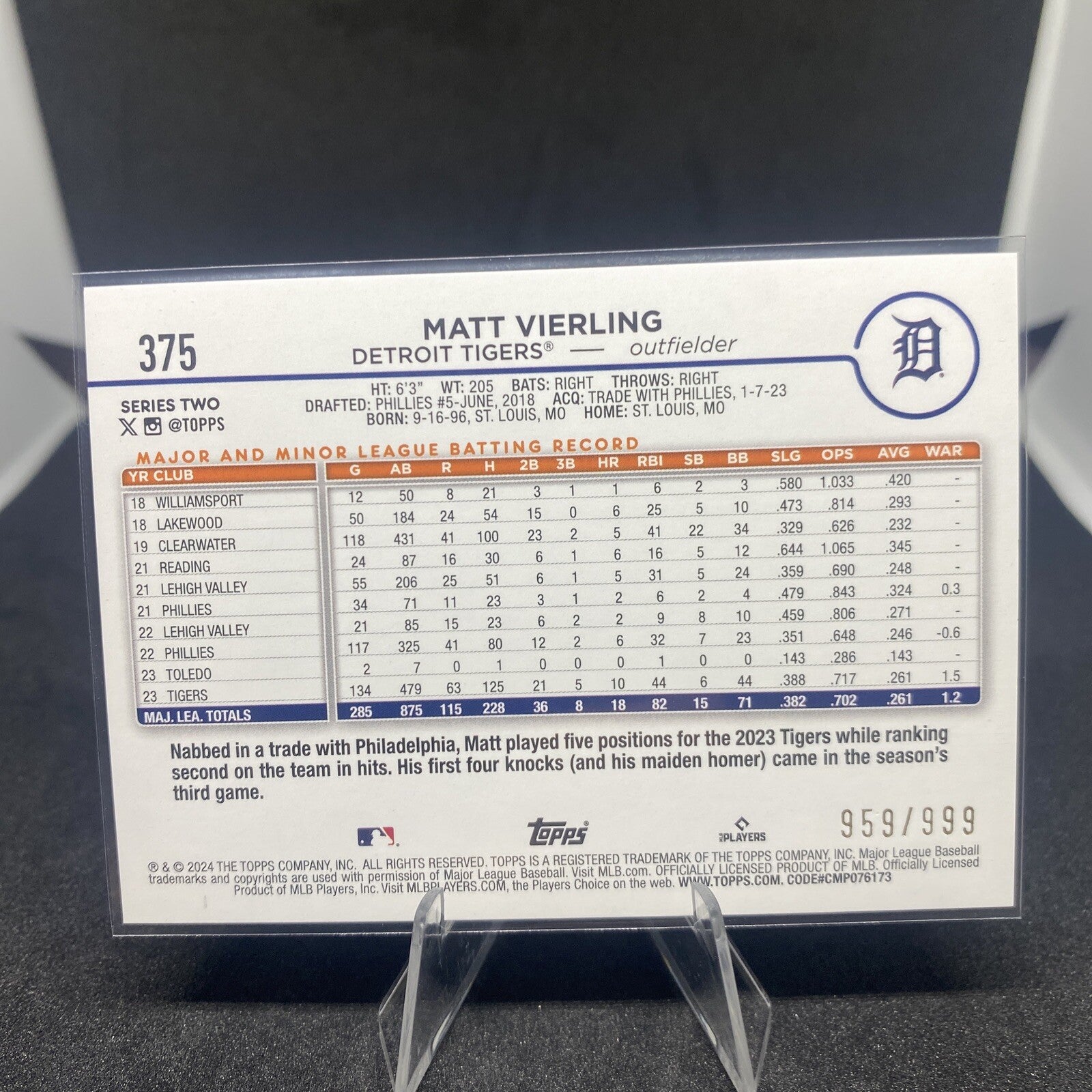 2024 Topps Blue Foil #375 Matt Vierling /999 - Detroit Tigers SP