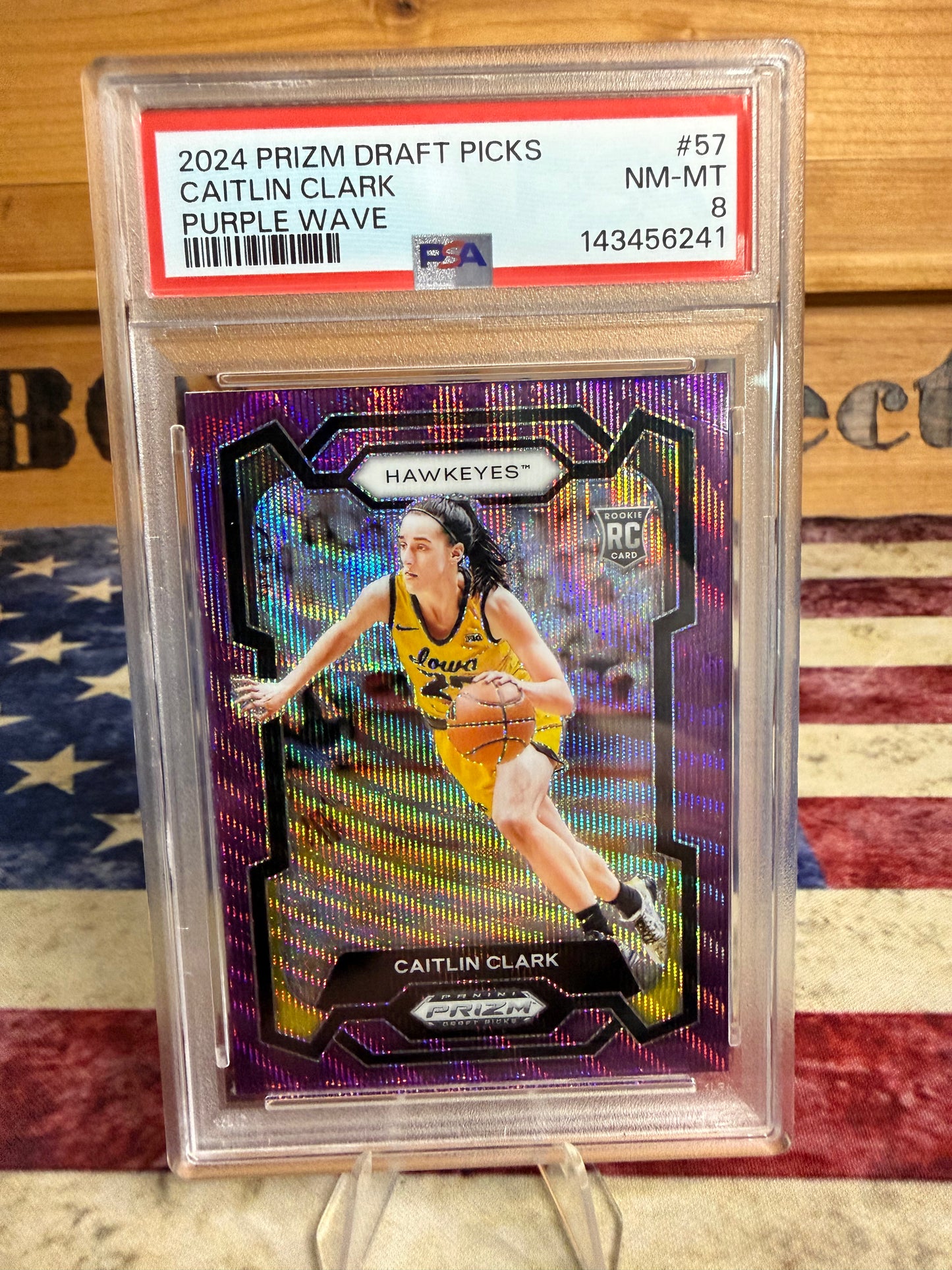2024 Panini Prizm Draft Picks Caitlin Clark PURPLE WAVE Prizm RC #57 PSA 8 NM-MT