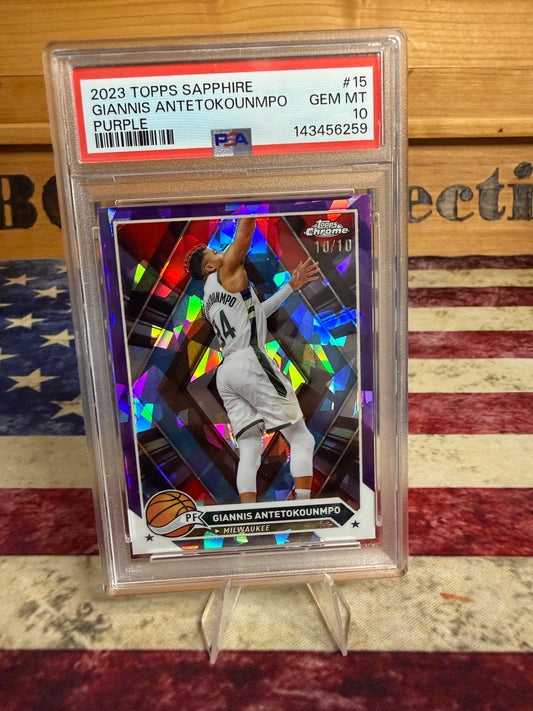 2023-24 Topps Chrome Sapphire Giannis Antetokounmpo PURPLE /10 BOOKEND PSA 10 Bucks