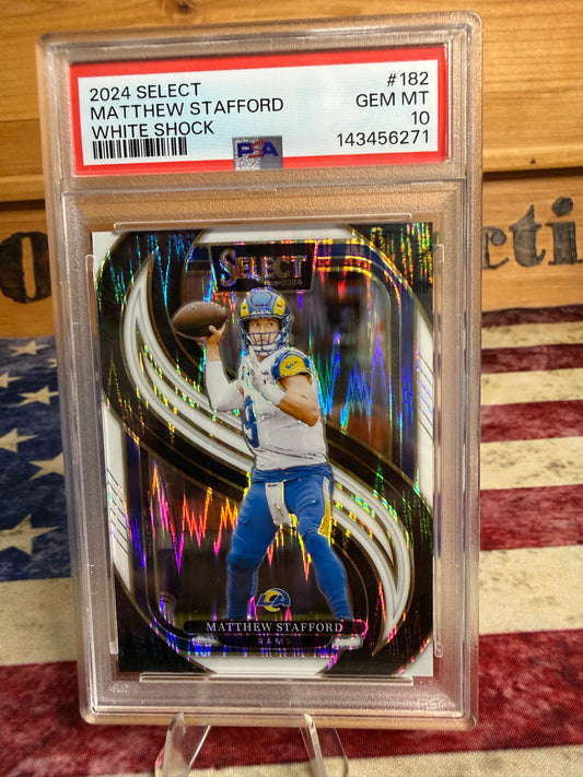 2024 Panini Select Matthew Stafford PREMIER LEVEL White Shock BOOKEND 199/199 PSA 10 Rams