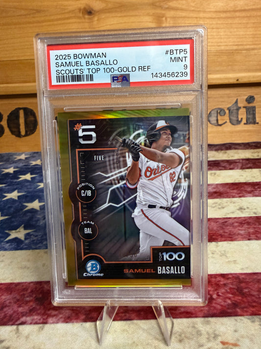 2025 Bowman Scout's Top 100 Samuel Basallo GOLD Refractor /50 PSA 9 MINT Orioles