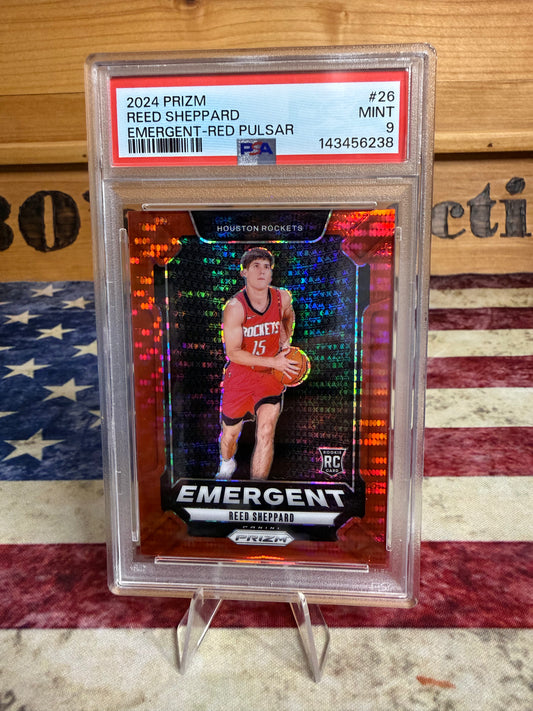2024-25 Panini Prizm Reed Sheppard EMERGENT RED PULSAR /75 #26 PSA 9 Rockets
