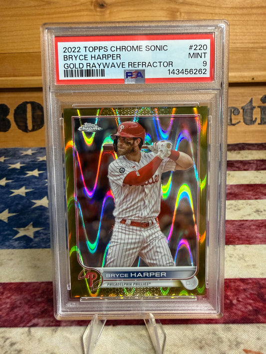 2022 Topps Chrome Sonic Bryce Harper GOLD RAYWAVE Refractor /50 #220 PSA 9 MINT